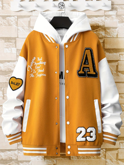 jiaabc Alphabets Print Color Block Varsity Jackets, Men's Casual Baseball Collar Jacket Coat For Spring Fall