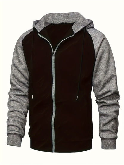 Men's Color Block Drawstring Hooded Long Sleeve Zip-up Jacket With Pockets, Men's Hooded Jacket For Spring And Autumn, Suitable For Workout Training