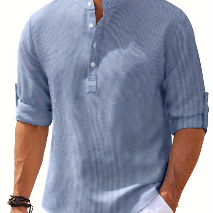 Men's Retro Casual Long Sleeve Stand Collar Shirt With Half Button, Spring Fall Outdoor