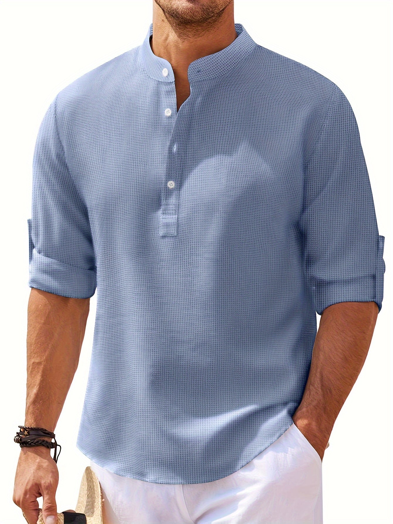 Men's Retro Casual Long Sleeve Stand Collar Shirt With Half Button, Spring Fall Outdoor