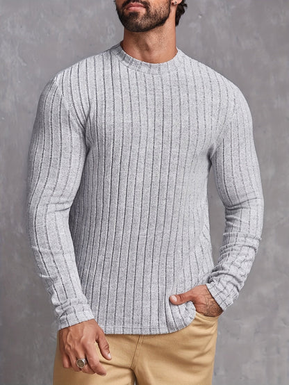 Ribbed Men's Long Sleeve High Stretch Slim Fit Knitted Round Neck T-shirt For Spring Fall, Men's Pullover Top