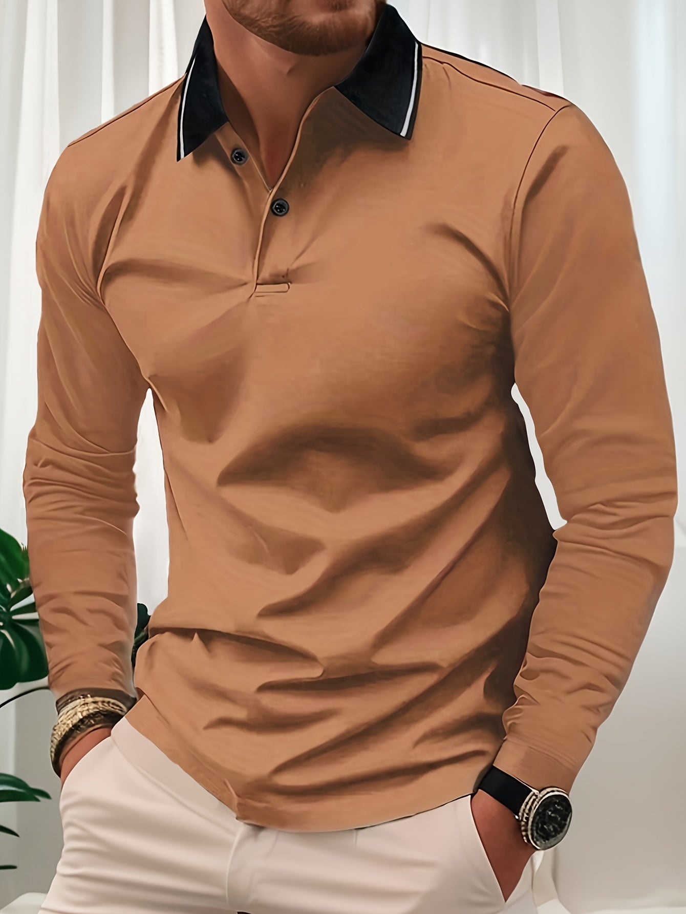 Fall Mens Outfits Men's Casual V-Neck Long Sleeve Rugby Shirt For Spring Autumn, Men's Clothing