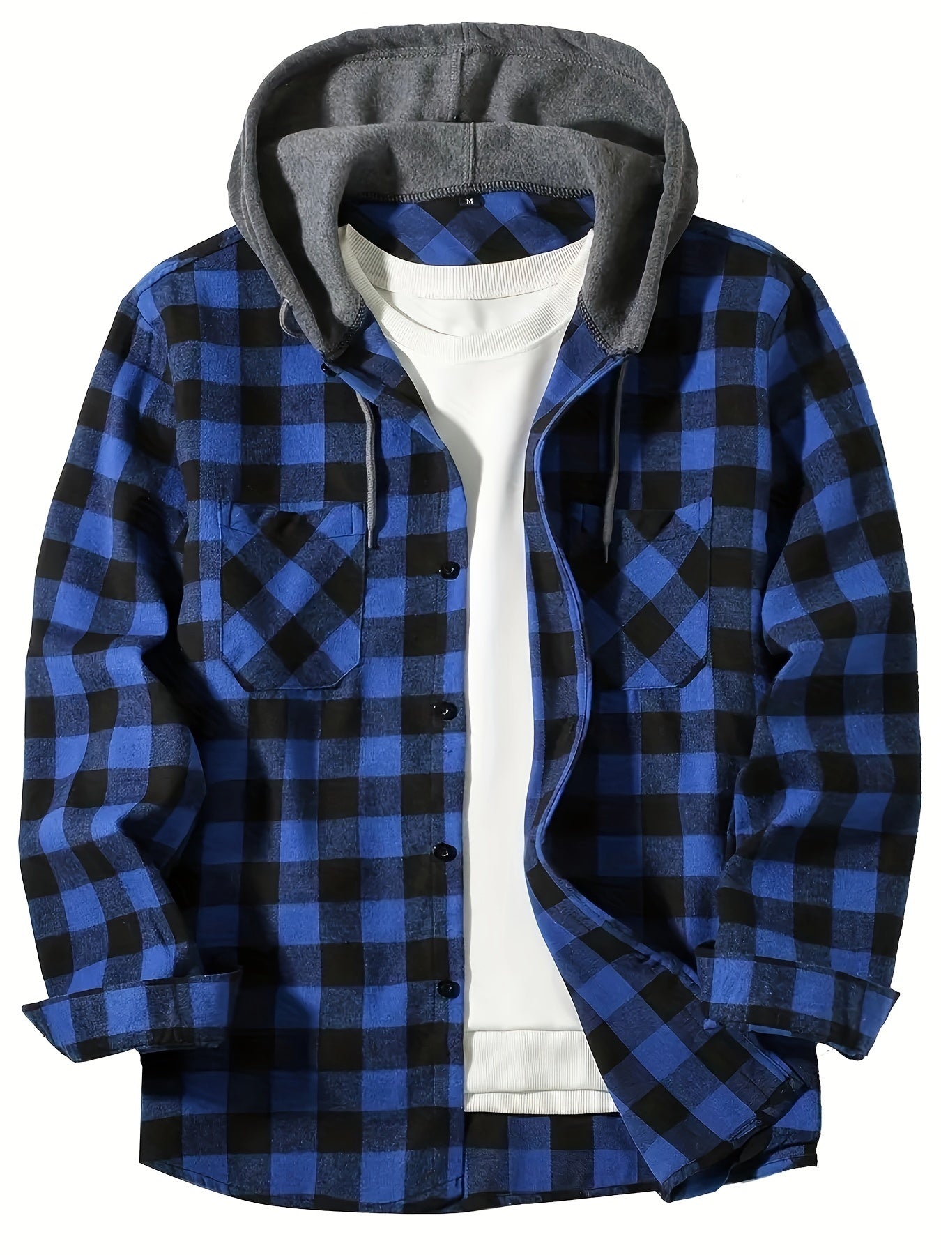 Men's Casual Hooded Plaid Shirt, Long Sleeve Button Up Clothing, Fashion Outerwear