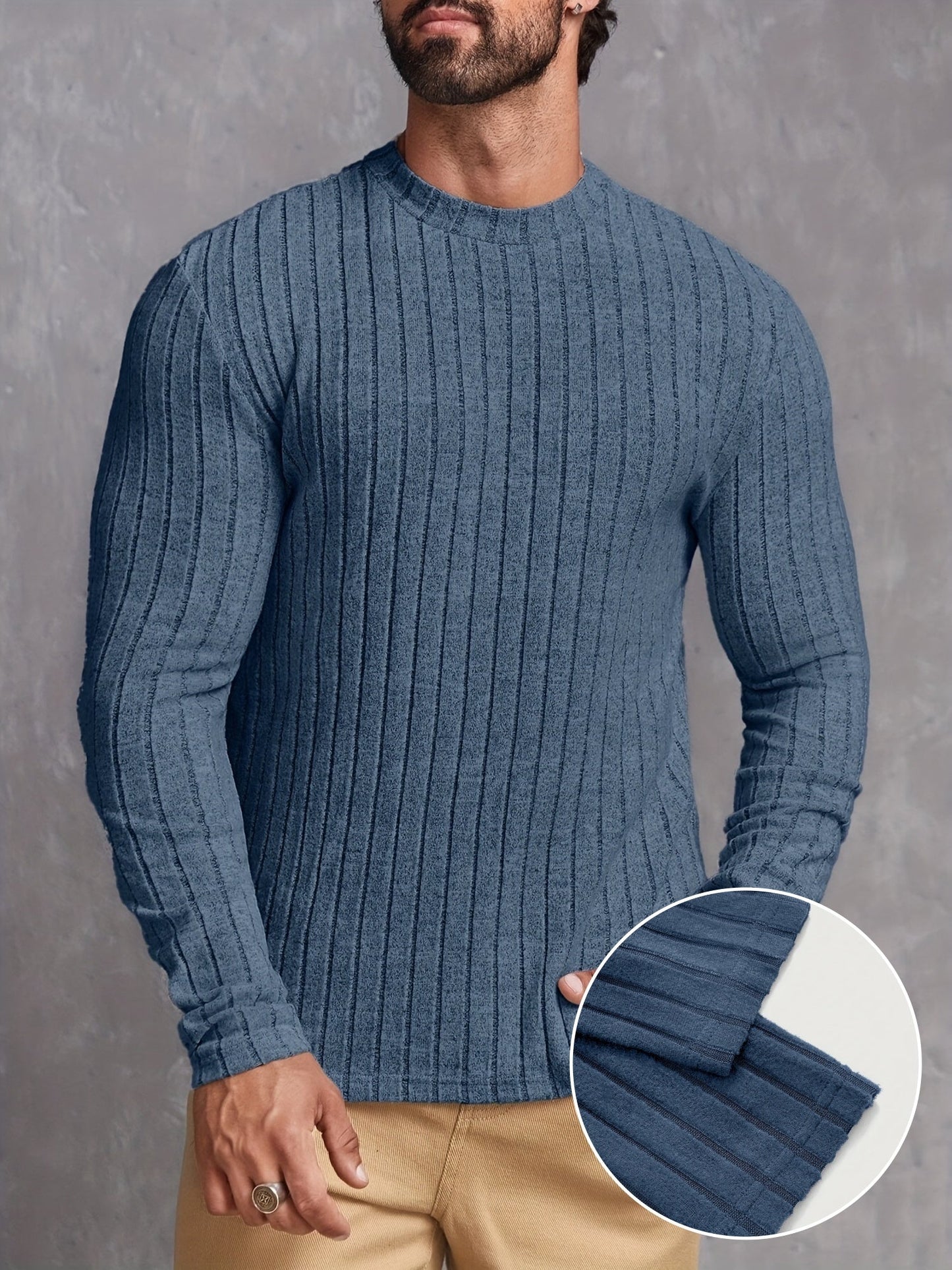 Ribbed Men's Long Sleeve High Stretch Slim Fit Knitted Round Neck T-shirt For Spring Fall, Men's Pullover Top