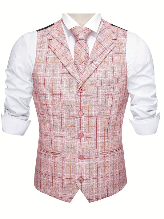 jiaabc Chic Plaid Dress Waistcoat, Men's Retro Single Breasted V Neck Smart Suit Vest For Business Banquet Wedding