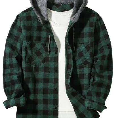 Men's Casual Hooded Plaid Shirt, Long Sleeve Button Up Clothing, Fashion Outerwear