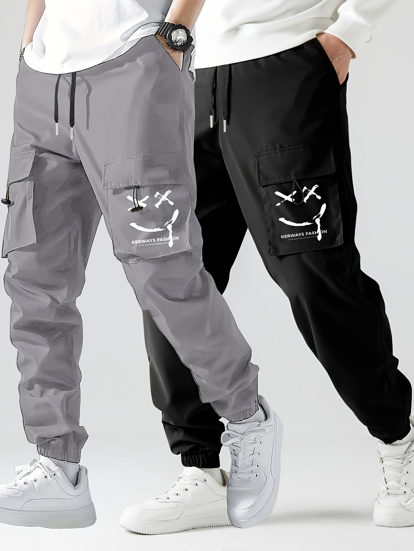 2 Pcs Men's Stylish Smiling Face Pattern Cargo Jogger With Pockets, Causal Breathable Drawstring Men's Bottom Clothing For City Walk Street Hanging Outdoor Activities