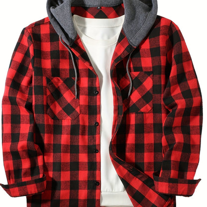 Men's Casual Hooded Plaid Shirt, Long Sleeve Button Up Clothing, Fashion Outerwear