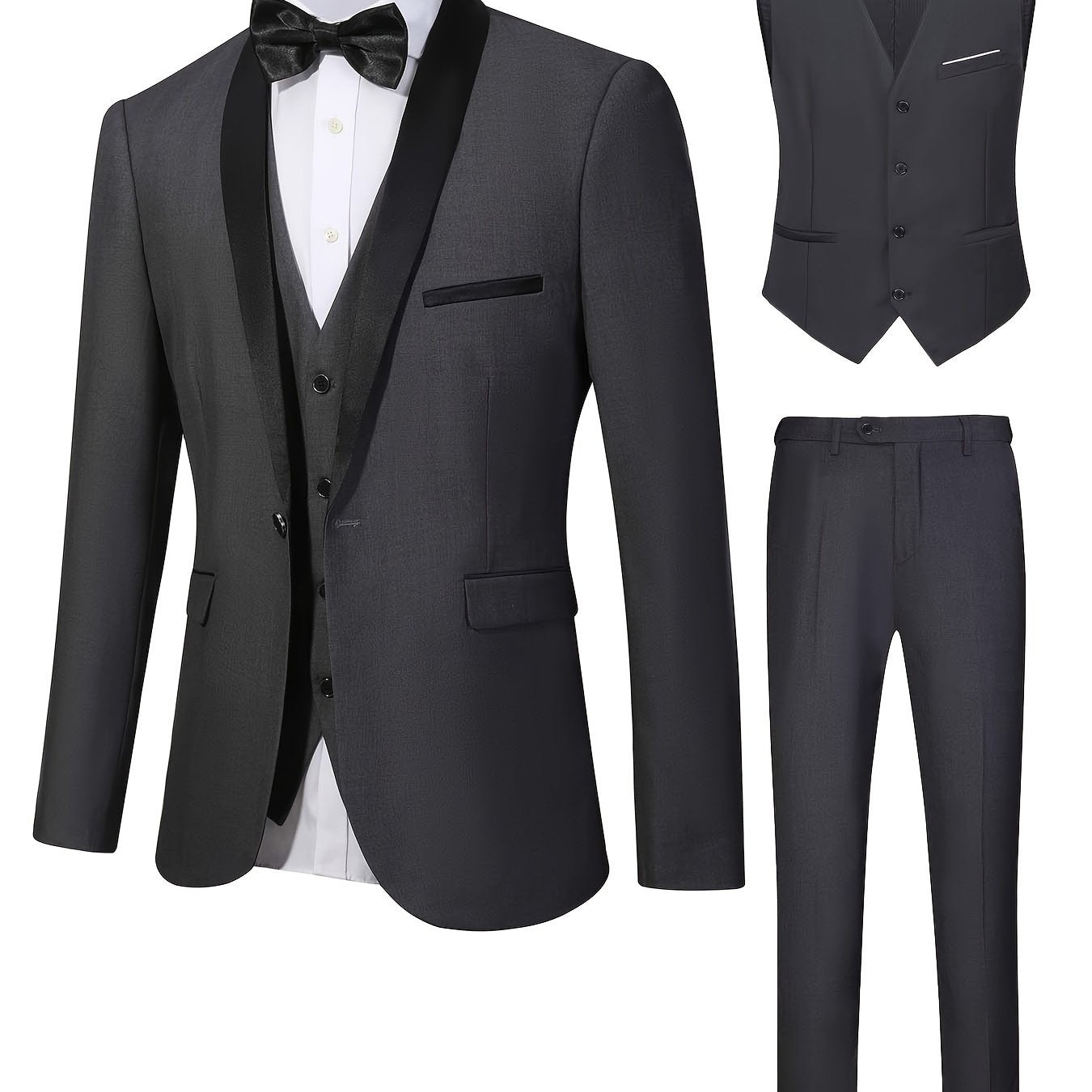 jiaabc 3-Piece Men's Formal Dress Outfit Set - Long Sleeve One Button Shawl Collar Jacket with Pockets, Slim Fit Pants, Perfect for Wedding Banquet and Formal Events