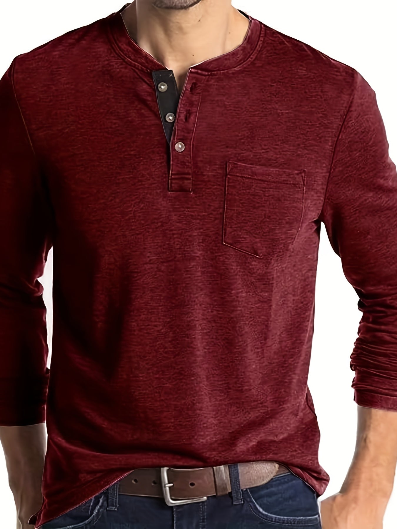 Men's Solid Color Henley T-shirt, Long Sleeve Comfy Casual Top For Autumn