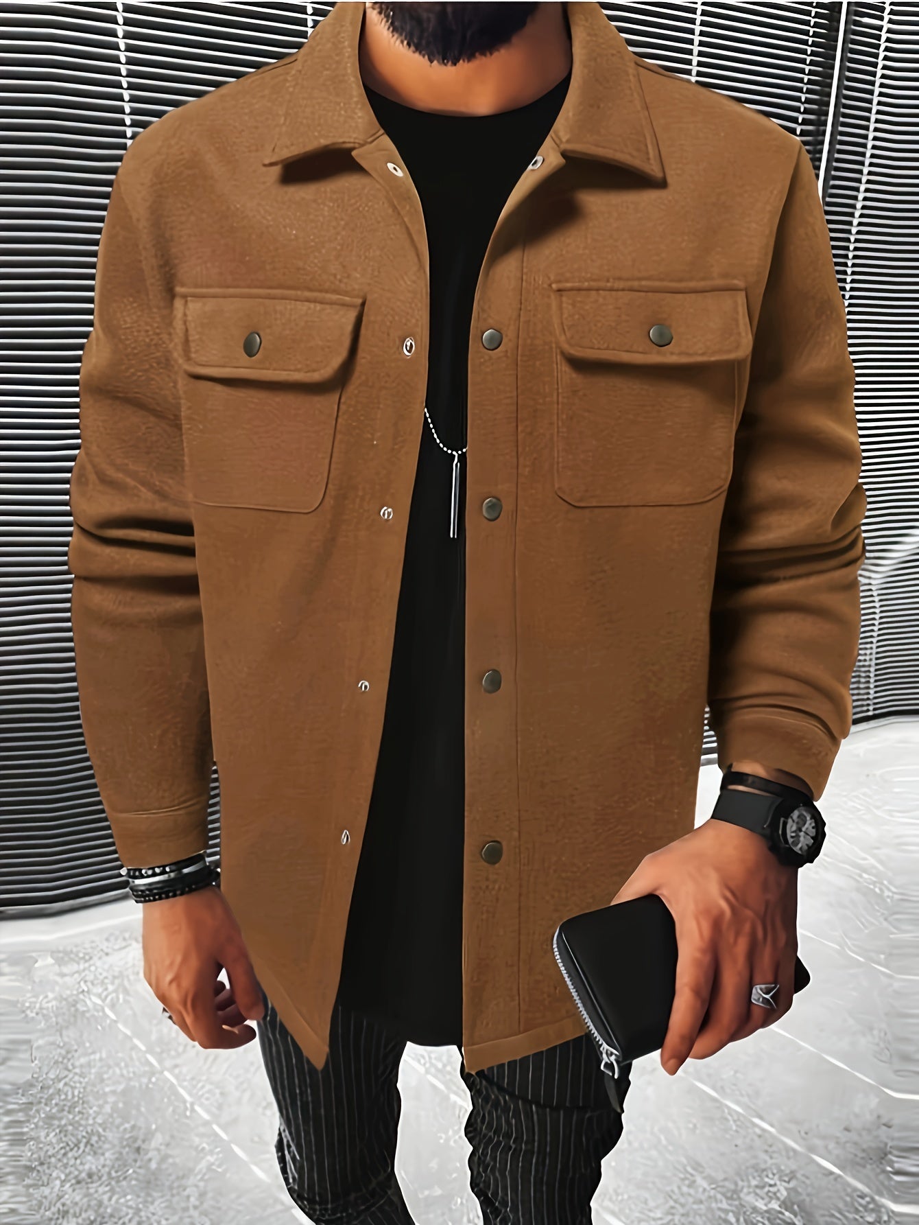 Men's Solid Jacket With Pockets, Spring/Autumn Button Up Jacket For Males, Men's Clothing