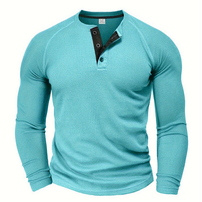 Fall Mens Outfits Men's Loose Solid Henley Shirt, Crew Neck Half Button Long Sleeve Shirt For Spring Fall Outdoor Activities