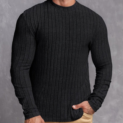 Ribbed Men's Long Sleeve High Stretch Slim Fit Knitted Round Neck T-shirt For Spring Fall, Men's Pullover Top