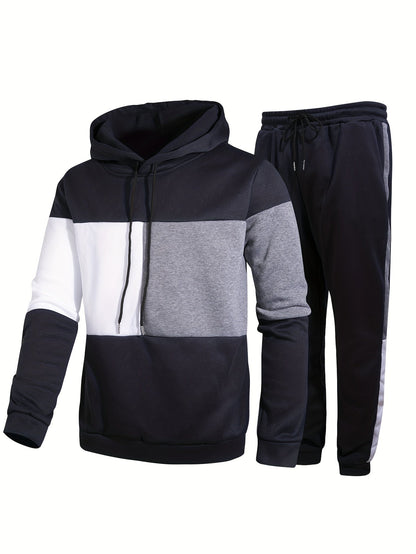 jiaabc Men's Colorblock Hooded Sweatshirt Casual Outfit Set, 2 Pieces Long Sleeve Pullover Hoodies And Drawstring Sweatpants