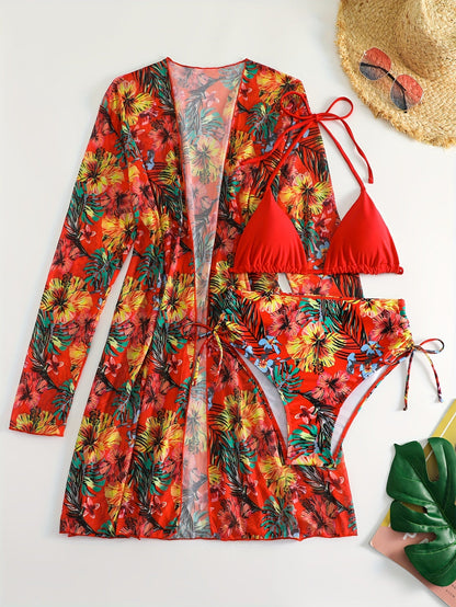 jiaabc 3-Piece Tropical Halter Bikini Set with High-Cut Triangle Top & Tie-Side Bottoms - Includes Stylish Cover-Up Shirt for Beachwear, Women’s Vibrant Swimwear Ensemble