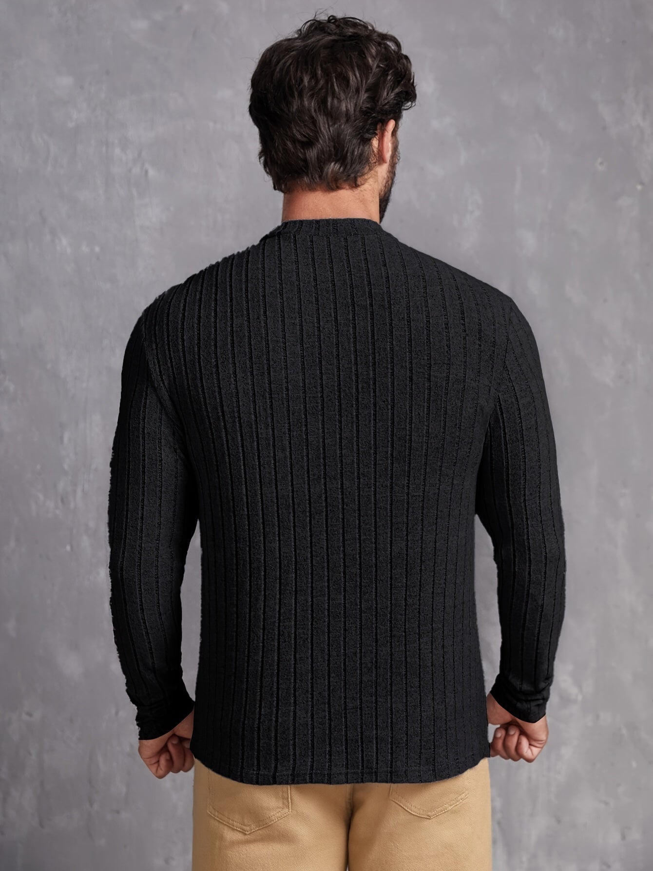 Ribbed Men's Long Sleeve High Stretch Slim Fit Knitted Round Neck T-shirt For Spring Fall, Men's Pullover Top