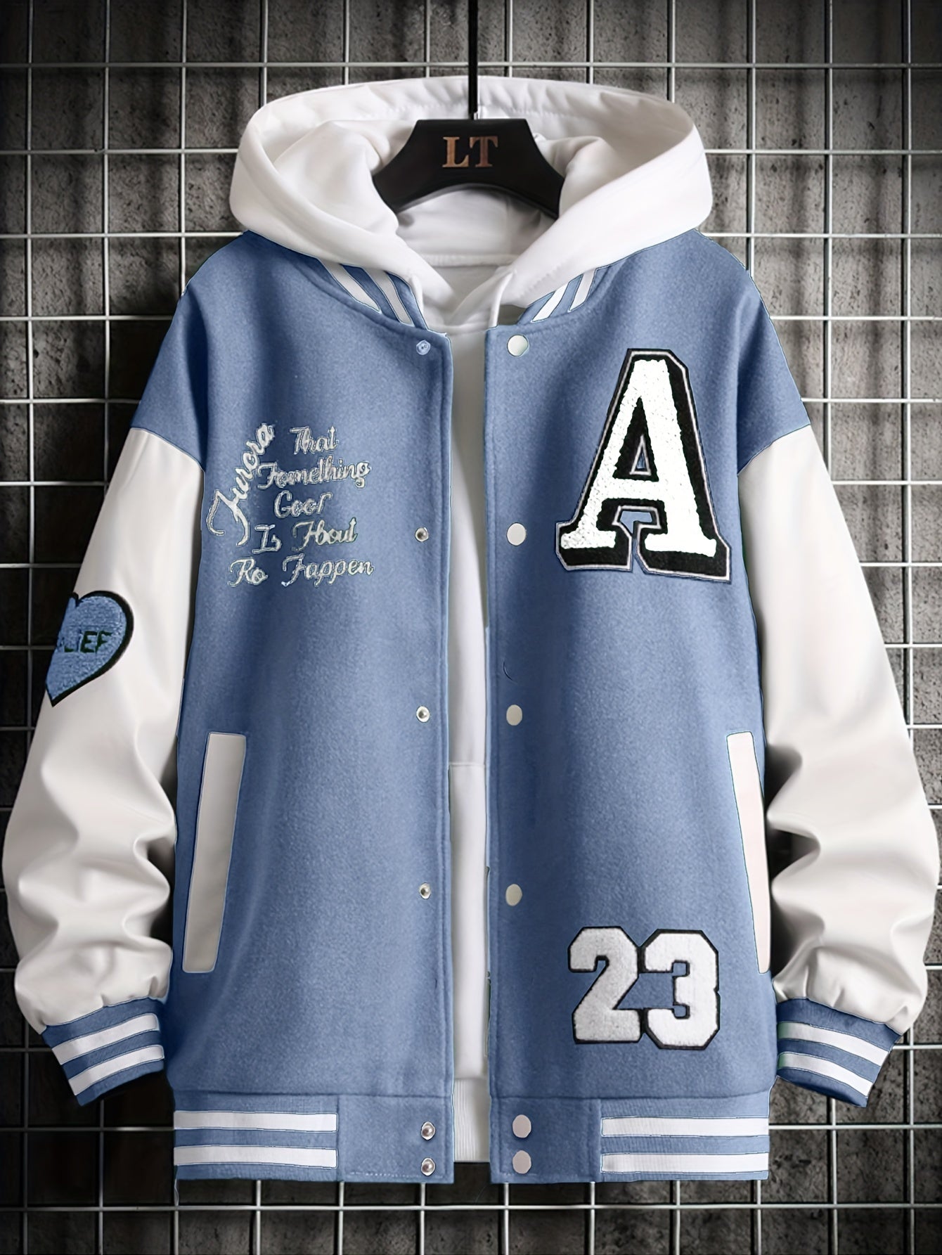 jiaabc Alphabets Print Color Block Varsity Jackets, Men's Casual Baseball Collar Jacket Coat For Spring Fall