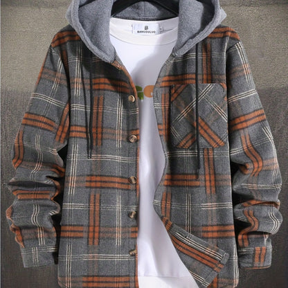 Men's Plaid Long Sleeve Hooded Jacket, Warm Trendy Casual Jacket For Autumn