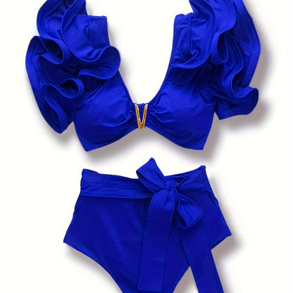 jiaabc Vibrant Ruffle V-Notch Bikini Sets - Tie Front, High Waist, High Cut, Solid Color, Two-Piece Swimsuit - Women's Swimwear for Valentine's Day, Beach, Pool, Summer Vacation