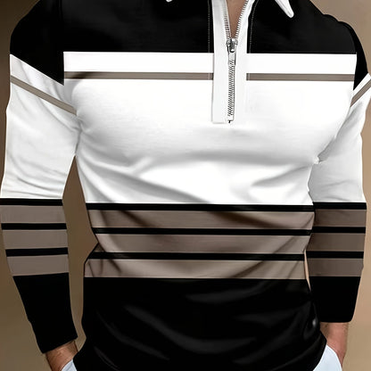 Fall Mens Outfits Color Block Striped Men's Long Sleeve Zipper Lapel Shirt, Men's Stylish Spring Fall Golf Shirt