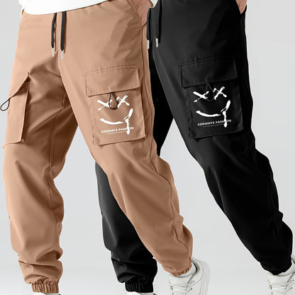 2 Pcs Men's Stylish Smiling Face Pattern Cargo Jogger With Pockets, Causal Breathable Drawstring Men's Bottom Clothing For City Walk Street Hanging Outdoor Activities