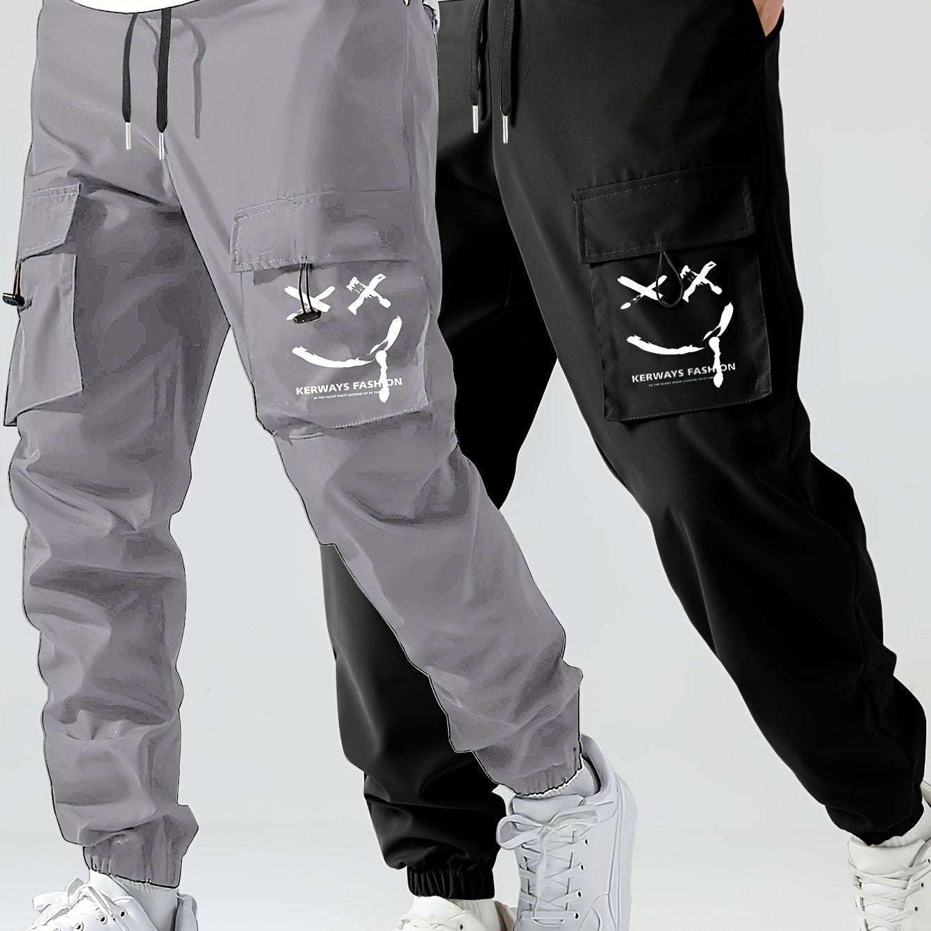 2 Pcs Men's Stylish Smiling Face Pattern Cargo Jogger With Pockets, Causal Breathable Drawstring Men's Bottom Clothing For City Walk Street Hanging Outdoor Activities