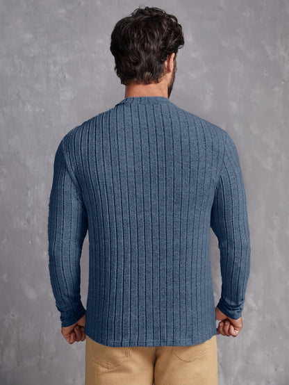 Ribbed Men's Long Sleeve High Stretch Slim Fit Knitted Round Neck T-shirt For Spring Fall, Men's Pullover Top