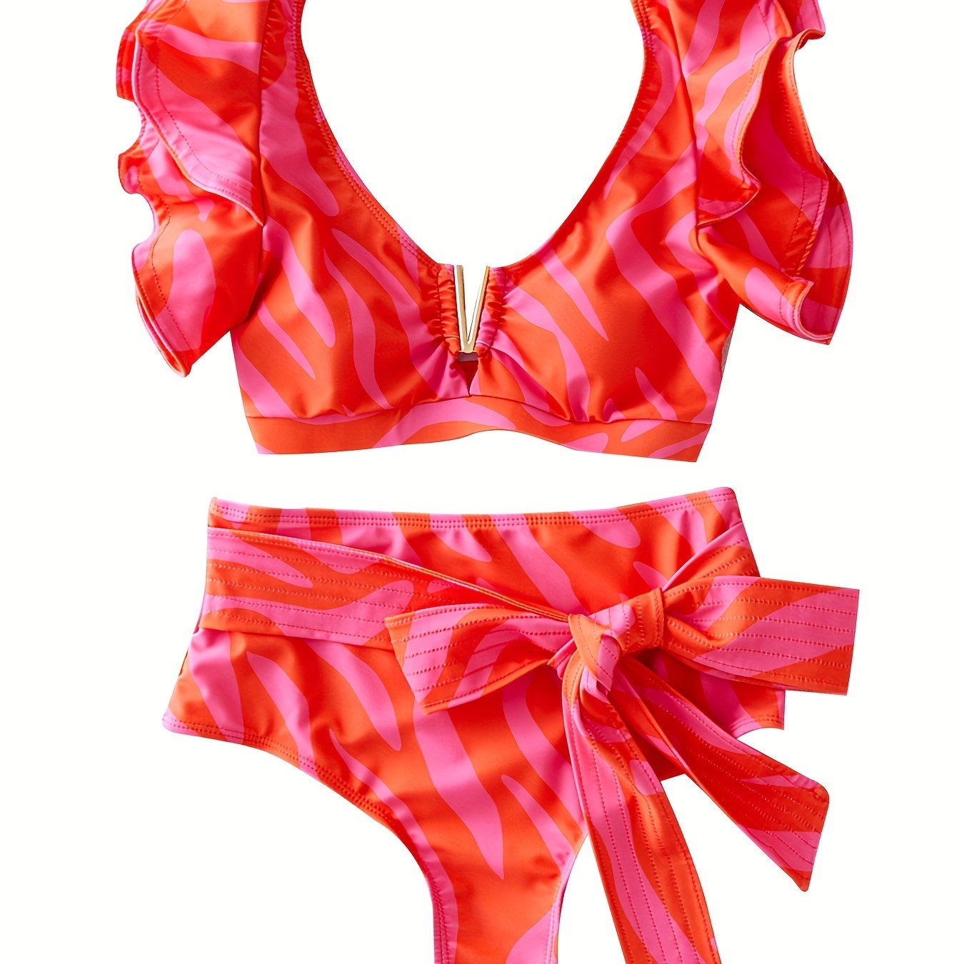 jiaabc Vibrant Ruffle V-Notch Bikini Sets - Tie Front, High Waist, High Cut, Solid Color, Two-Piece Swimsuit - Women's Swimwear for Valentine's Day, Beach, Pool, Summer Vacation