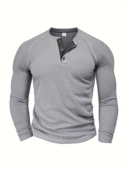 Fall Mens Outfits Men's Loose Solid Henley Shirt, Crew Neck Half Button Long Sleeve Shirt For Spring Fall Outdoor Activities