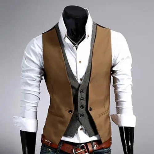 jiaabc Men Formal Waistcoat Vest Business Solid Color Single Button Vest gilet Fake Two-pieces V Neck Casual S-lim chalecos para hombre