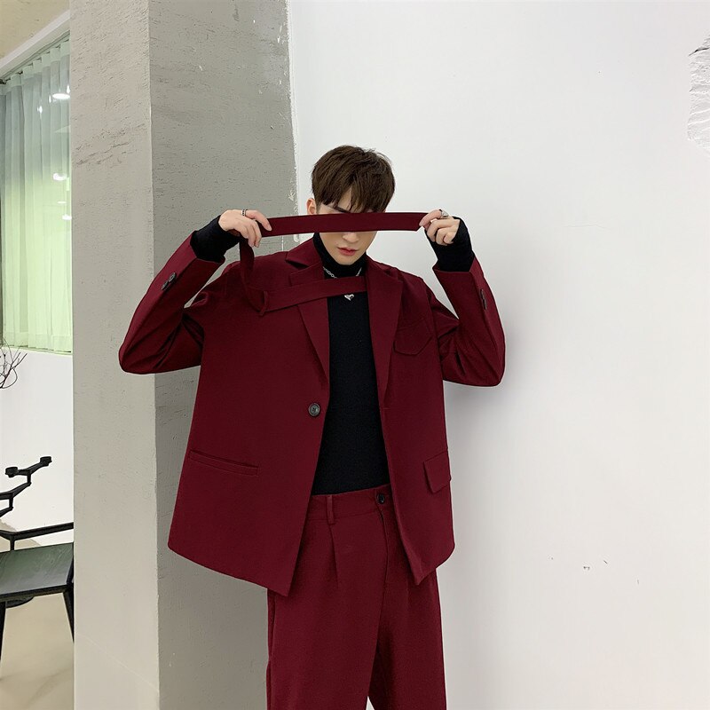 jiaabc Niche Men's Clothing Red Irregular Tie fit Blazers Loose Jacket + Casual Suit Pants 2023 Autumn New Set 9Y52703