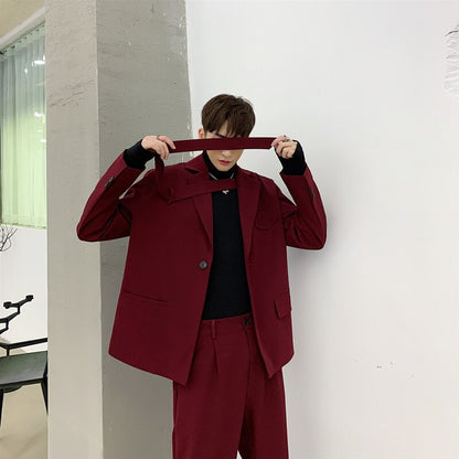 jiaabc Niche Men's Clothing Red Irregular Tie fit Blazers Loose Jacket + Casual Suit Pants 2023 Autumn New Set 9Y52703