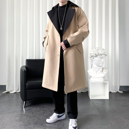 jiaabc Autumn Men's Trenchcoat Contrast Color Turn-down Collar Male Long Coat Loose Overcoat Trend Handsome Casual Windbreaker