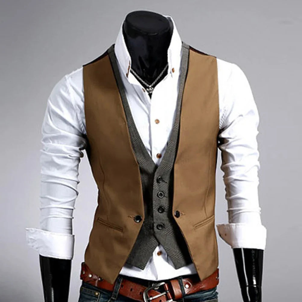 jiaabc Men Formal Waistcoat Vest Business Solid Color Single Button Vest gilet Fake Two-pieces V Neck Casual S-lim chalecos para hombre