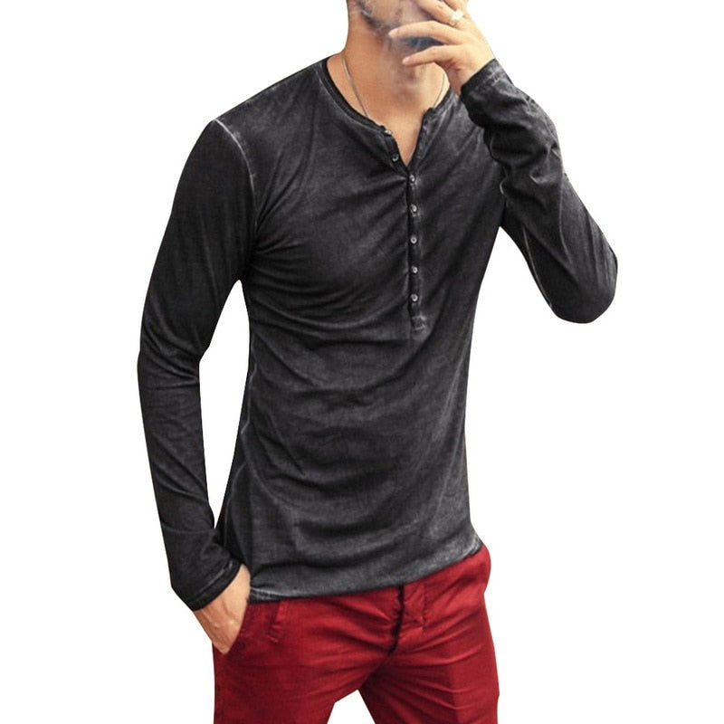 Men Tee Shirt V-neck Long Sleeve Tee&Tops Stylish Slim Buttons T-shirt Autumn Casual Solid Male Clothing Plus Size 3XL