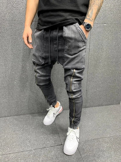 jiaabc Men Hip-Hop Pants Big Pocket Skinny Jeans Zipper Slim High Quality Jeans Casual Sport Corset Jeans M-3XL