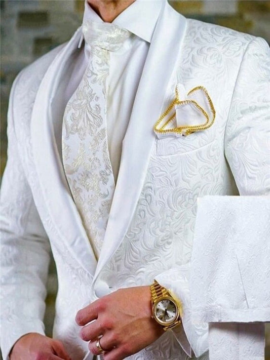 Groomsmen White Pattern Groom Tuxedos Shawl Satin Lapel Men Suits 2 Pieces Wedding Bridegroom ( Jacket + Pants + Tie  ) D201