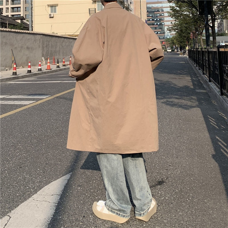 jiaabc Autumn Khaki/Black Trench Coat Men Fashion Casual Long Coat Men Korean Loose Oversized Windbreaker Jacket Mens Overcoat M-2XL