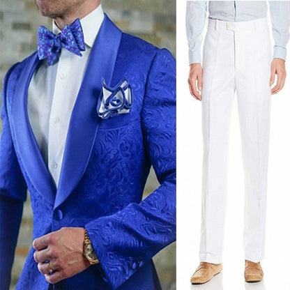 Groomsmen White Pattern Groom Tuxedos Shawl Satin Lapel Men Suits 2 Pieces Wedding Bridegroom ( Jacket + Pants + Tie  ) D201