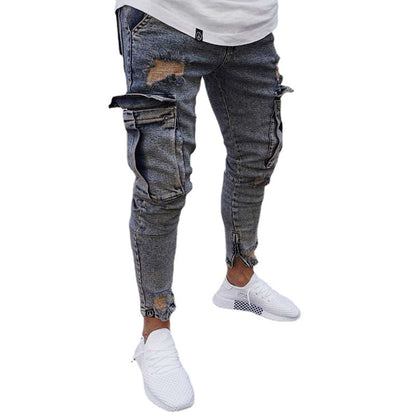 jiaabc Autumn Men Jeans Casual Pants New Fashion Frayed Slim Fit Long Denim Pants Hole Jeans