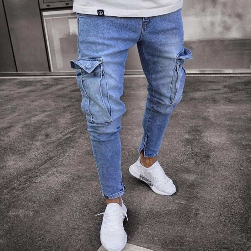 jiaabc Autumn Men Jeans Casual Pants New Fashion Frayed Slim Fit Long Denim Pants Hole Jeans