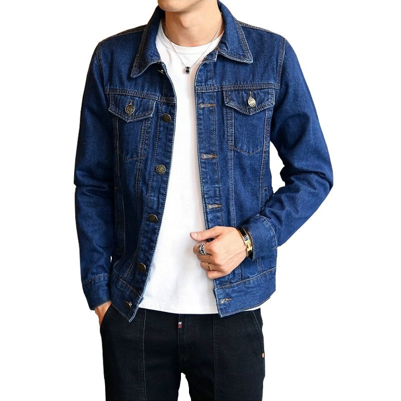 New Solid Casual Cotton Denim Jacket  Men Plus Size M-5XL  Lapel Single Breasted Jeans Jacket Men Autumn Slim Fit Jackets