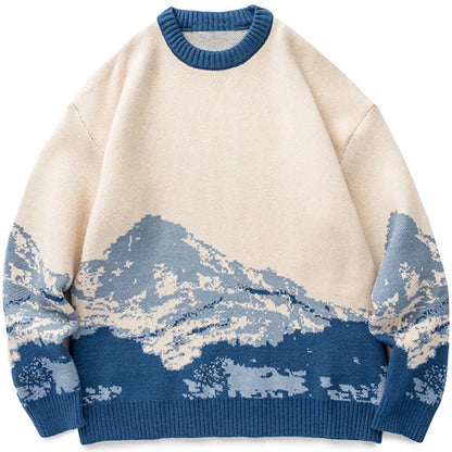 jiaabc Men Hip Hop Streetwear Harajuku Sweater Vintage Japanese Style Snow Mountain Knitted Sweater Winter Casual Pullover Knitwear