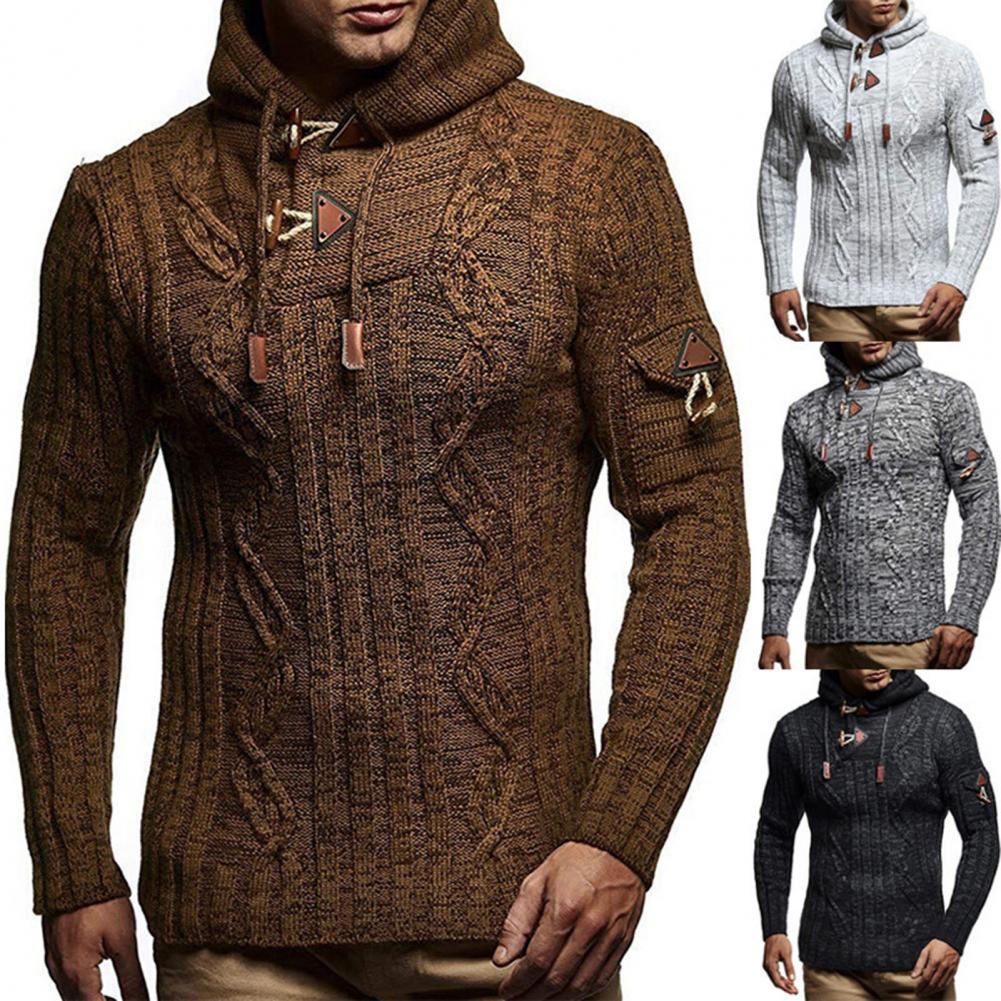 jiaabc Men's Hooded Pullover Sweaters Long Sleeve Acrylic Fiber Comfort Stretch Sweater Autumn Winter Slim Fit Knitted Top Men Clothing