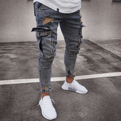 jiaabc Autumn Men Jeans Casual Pants New Fashion Frayed Slim Fit Long Denim Pants Hole Jeans