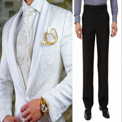 Groomsmen White Pattern Groom Tuxedos Shawl Satin Lapel Men Suits 2 Pieces Wedding Bridegroom ( Jacket + Pants + Tie  ) D201