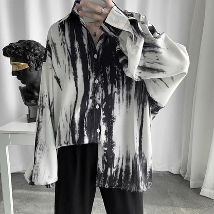 Long sleeve shirt for men women abstinence black white tie-dye drape loose blouse autumn aesthetic high street punk unisex shirt