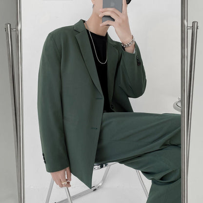 jiaabc Men's Suit Two Pieces Set Simple Light Mature Loose Long Sleeve Suit Coat + Suit Pants Green High Quality New 2023 9Y8066