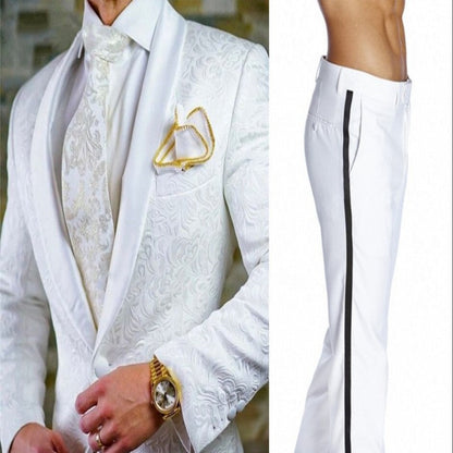 Groomsmen White Pattern Groom Tuxedos Shawl Satin Lapel Men Suits 2 Pieces Wedding Bridegroom ( Jacket + Pants + Tie  ) D201