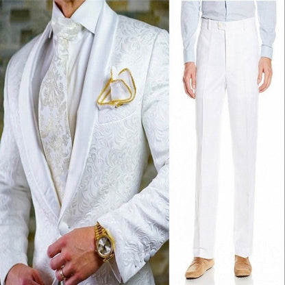 Groomsmen White Pattern Groom Tuxedos Shawl Satin Lapel Men Suits 2 Pieces Wedding Bridegroom ( Jacket + Pants + Tie  ) D201